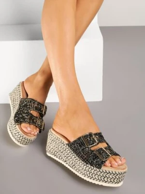 Czarne Tweedowe Klapki na Koturnie z Plecionką Desinora ciaodeo