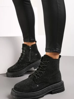 Czarne Wiązane Botki na Grubej Podeszwie w Cyrkonie Celebria