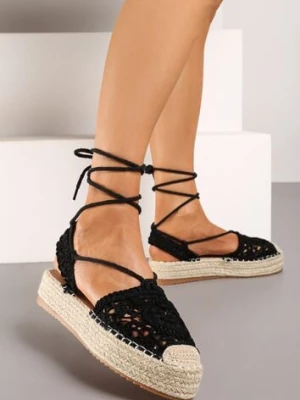 Czarne Wiązane Espadryle Ażurowe na Plecionej Podeszwie Talea