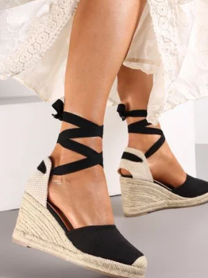 Zdjęcie produktu Czarne Wiązane Sandały Espadryle na Wysokim Koturnie z Plecionką Perselia
