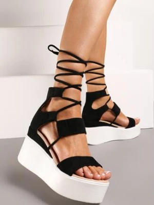 Czarne Wiązane Sandały na Koturnie za Kostkę Casidra