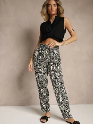 Czarne Wiskozowe Spodnie High Waist Zdobione Ornamentalnym Printem Jenavitha