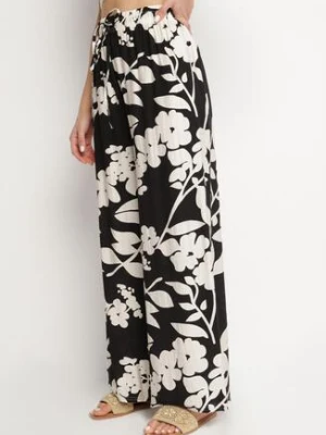 Czarne Wiskozowe Spodnie o Szerokim Kroju z Wysokim Stanem w Kwiaty Neorilia j&x