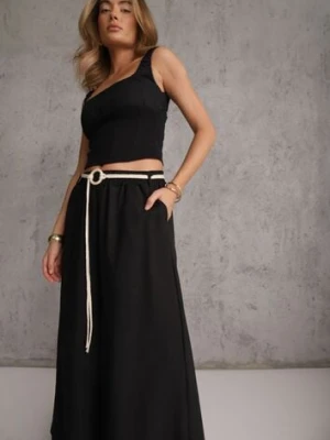 Czarne Wiskozowe Spodnie Typu Palazzo High Waist Ozdobione Paskiem Sznurkiem Alemea j&x