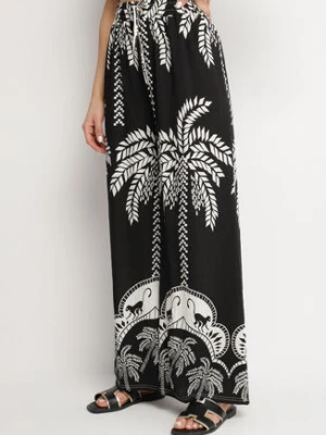 Czarne Wiskozowe Szerokie Spodnie z Wysokim Stanem z Palmami Bolritia j&x
