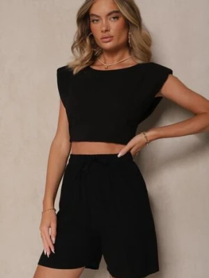Czarne Wiskozowe Szorty Bermudy High Waist z Lnem Dorotella