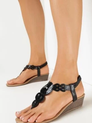 Czarne Wsuwane Sandały Japonki na Niskim Koturnie z Paskiem z Kryształkami Cossia