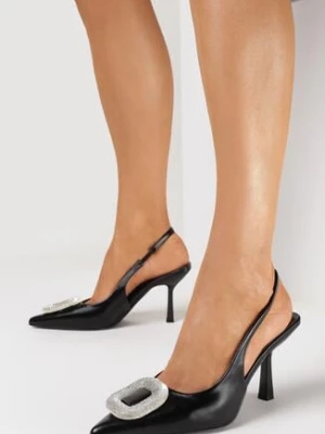 Czarne Wsuwane Sandały na Szpilce z Biżuteryjną Klamrą na Nosku w Szpic Honea