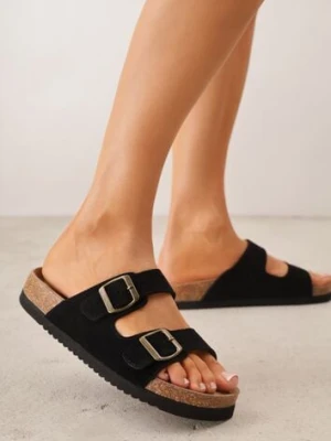 Czarne Zamszowe Klapki Klasyczne z Regulowanymi Paskami ze Sprzączkami Shirinixis