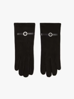 Czarne zamszowe rękawiczki damskie z ozdobnym paskiem Moodo
