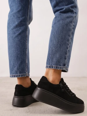 Czarne Zamszowe Sneakersy na Grubej Podeszwie Ozdobione Suwakiem Belko Goodin