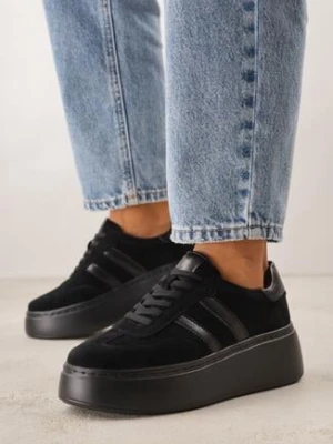 Czarne Zamszowe Sneakersy na Grubej Podeszwie ze Skórzaną Wkładką Riovessa goodin