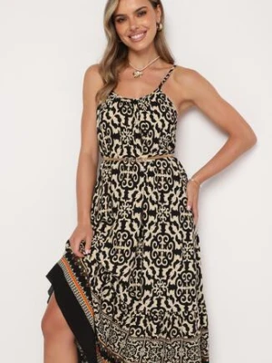 Czarno-Beżowa Bawełniana Sukienka o Rozkloszowanym Kroju na Cienkich Ramiączkach Nellarra