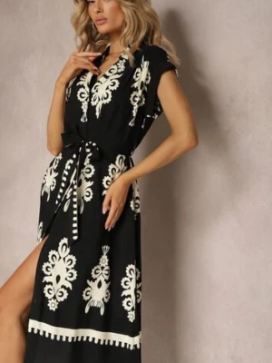 Czarno-Beżowa Boho Sukienka w Rozkloszowanym Stylu z Materiałowym Paskiem i Guzikami Jori unigirl