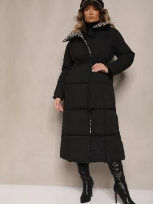 Czarno-Beżowa Długa Kurtka z Pikowanymi Przeszyciami i Kołnierzem w Panterkę Wiązana w Talii Tilfezi melya by melody