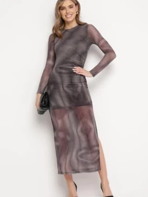 Czarno-Beżowa Dopasowana Sukienka Maxi z Przeźroczystego Materiału z Wycięciem Polria by swan