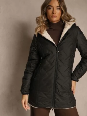 Czarno-Beżowa Dwustronna Kurtka z Kapturem Pikowanymi Przeszyciami i Futerkiem Rossalea swest
