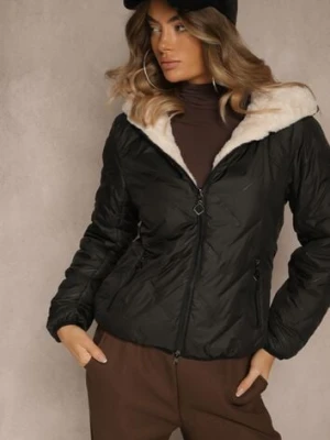 Czarno-Beżowa Dwustronna Kurtka z Pikowanymi Przeszyciami i Kapturem Tianessa swest