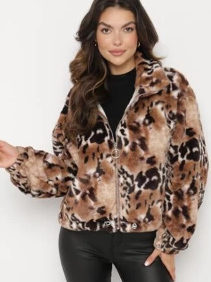 Czarno-Beżowa Futerkowa Kurtka ze Ściągaczami i Kołnierzykiem w Animal Print Fortilia defox