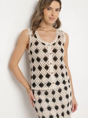 Czarno-Beżowa Kamizelka Szydełkowa z Dekoltem w Serek Banisella rosa