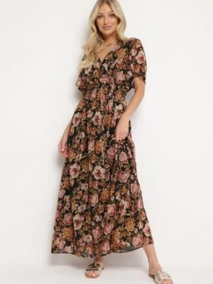 Czarno-Beżowa Kopertowa Sukienka z Gumką w Pasie Wiązana z Tyłu Ozdobiona Metaliczną Nitką Eollas m&d fashion