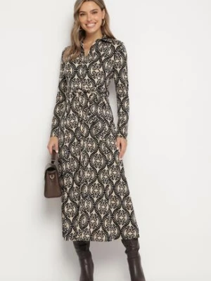 Czarno-Beżowa Koszulowa Sukienka z Wiskozą w Ornamentalny Wzór z Wiązanym Paskiem Evathria by swan