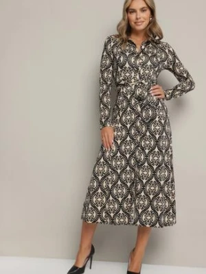 Czarno-Beżowa Koszulowa Sukienka z Wiskozą w Ornamentalny Wzór z Wiązanym Paskiem Evathria by swan