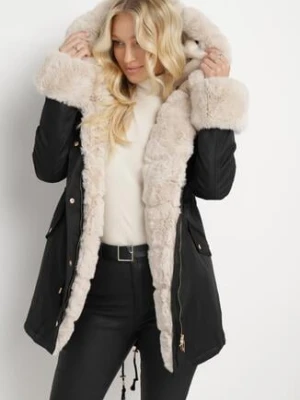 Czarno-Beżowa Kurtka Parka z Futerkiem i Kapturem Aresja swest