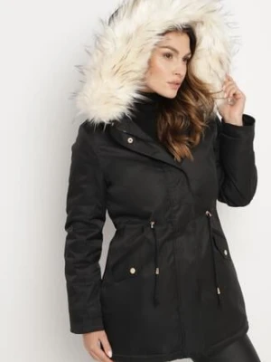 Czarno-Beżowa Kurtka Parka z Futerkowym Odpinanym Zdobieniem przy Kapturze Inellae swest
