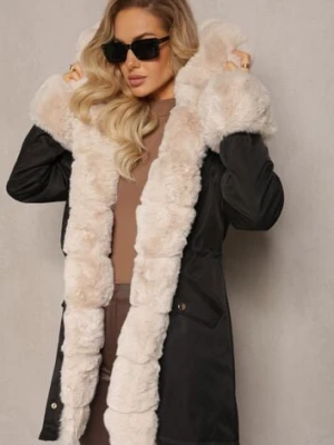 Czarno-Beżowa Kurtka Parka z Paskiem w Talii i Kapturem z Futerkiem Hizontia swest