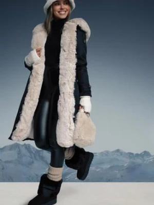 Czarno-Beżowa Ocieplana Kurtka Parka ze Ściągaczem w Pasie z Odpinanym Futrem przy Kapturze Tintelissa swest