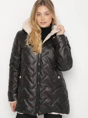 Czarno-Beżowa Pikowana Kurtka z Kapturem i Futrzaną Wyściółką Navea swest