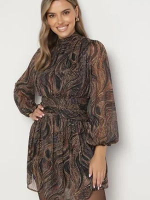 Czarno-Beżowa Rozkloszowana Sukienka Taliowana ze Stójką i Transparentnymi Rękawami Labran retro & icone