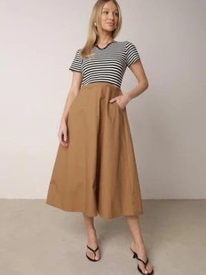 Czarno-Beżowa Rozkloszowana Sukienka z Bawełny Imitująca Bluzkę w Paski i Spódnicę Chathusa ambitionfly