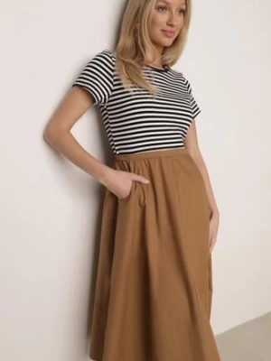 Czarno-Beżowa Rozkloszowana Sukienka z Bawełny z Górą w Paski Aethephaia ambitionfly