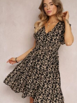 Czarno-Beżowa Rozkloszowana Sukienka z Wiskozy z Falbankami Tuls cflo