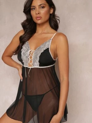 Czarno-Beżowa Siateczkowa Koszula Nocna ze Stringami Ozdobiona Koronką Amaira han