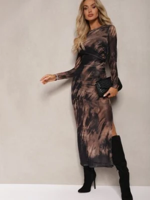 Czarno-Beżowa Siateczkowa Sukienka Dopasowana Długa z Rozcięciem na Boku Telnut by swan