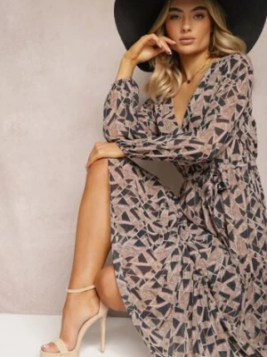 Czarno-Beżowa Sukienka Kopertowa z Gumką w Talii Jarne rosa