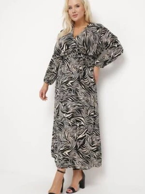 Czarno-Beżowa Sukienka Maxi w Abstrakcyjny Print Wiązana w Pasie Elennora