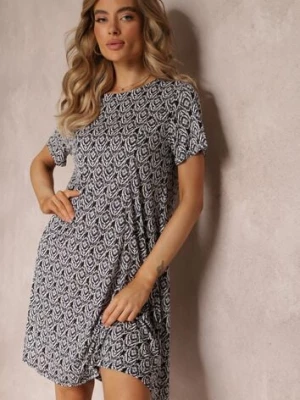 Czarno-Beżowa Sukienka Mini z Krótkimi Rękawami i Wzorem w Kwiaty Cassatha sweet&girl