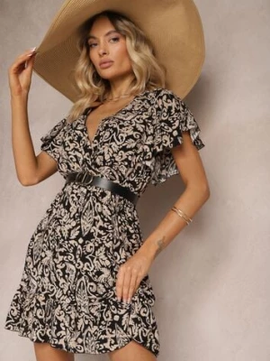 Czarno-Beżowa Sukienka z Bawełny o Rozkloszowanym Kroju Ozdobiona Falbanami i Gumką w Talii Neliaura defox