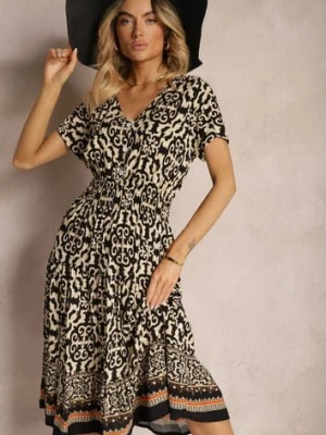 Czarno-Beżowa Sukienka z Bawełny z Trójkątnym Dekoltem i Gumką w Talii Zapinana na Guziki Lavlea defox