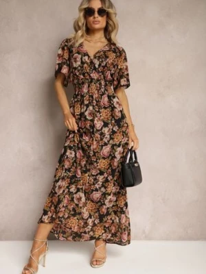 Czarno-Beżowa Sukienka z Kopertowym Dekoltem z Gumką w Talii i Metaliczną Nicią Sollas m&d fashion