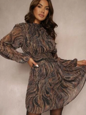 Czarno-Beżowa Taliowana Sukienka o Rozkloszowanym Kroju z Prześwitującymi Rękawami i Stójką Relabia retro & icone