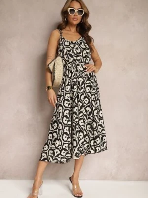 Czarno-Beżowa Trapezowa Sukienka Ściągana Troczkiem na Ramiączkach Illseta cflo