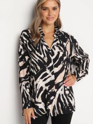 Czarno-Beżowa Wiskozowa Koszula Oversize z Długim Rękawem i Nadrukiem z Paskami Biwina melya by melody