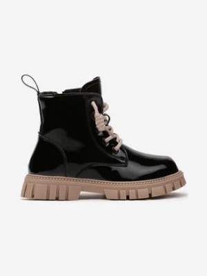 Czarno-Beżowe Lakierowane Botki Workery na Podeszwie z Protektorem i Ozdobnym Sznurowaniem Faxaria