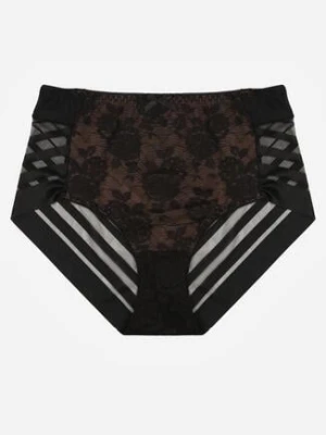 Czarno-Beżowe Majtki Figi z Wysokim Stanem Zdobione Koronką i Siateczką Helieth