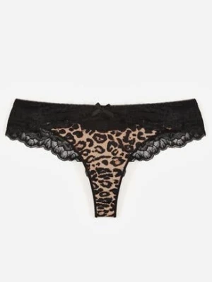 Czarno-Beżowe Majtki Typu Stringi z Koronką Nedareanes